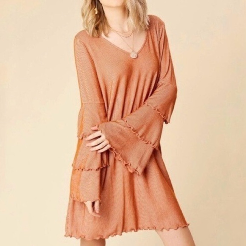 NWT Altar’d State Burnt Orange Stripe Tiered Ruffle Bell Sleeves V-Neck Dress Sm